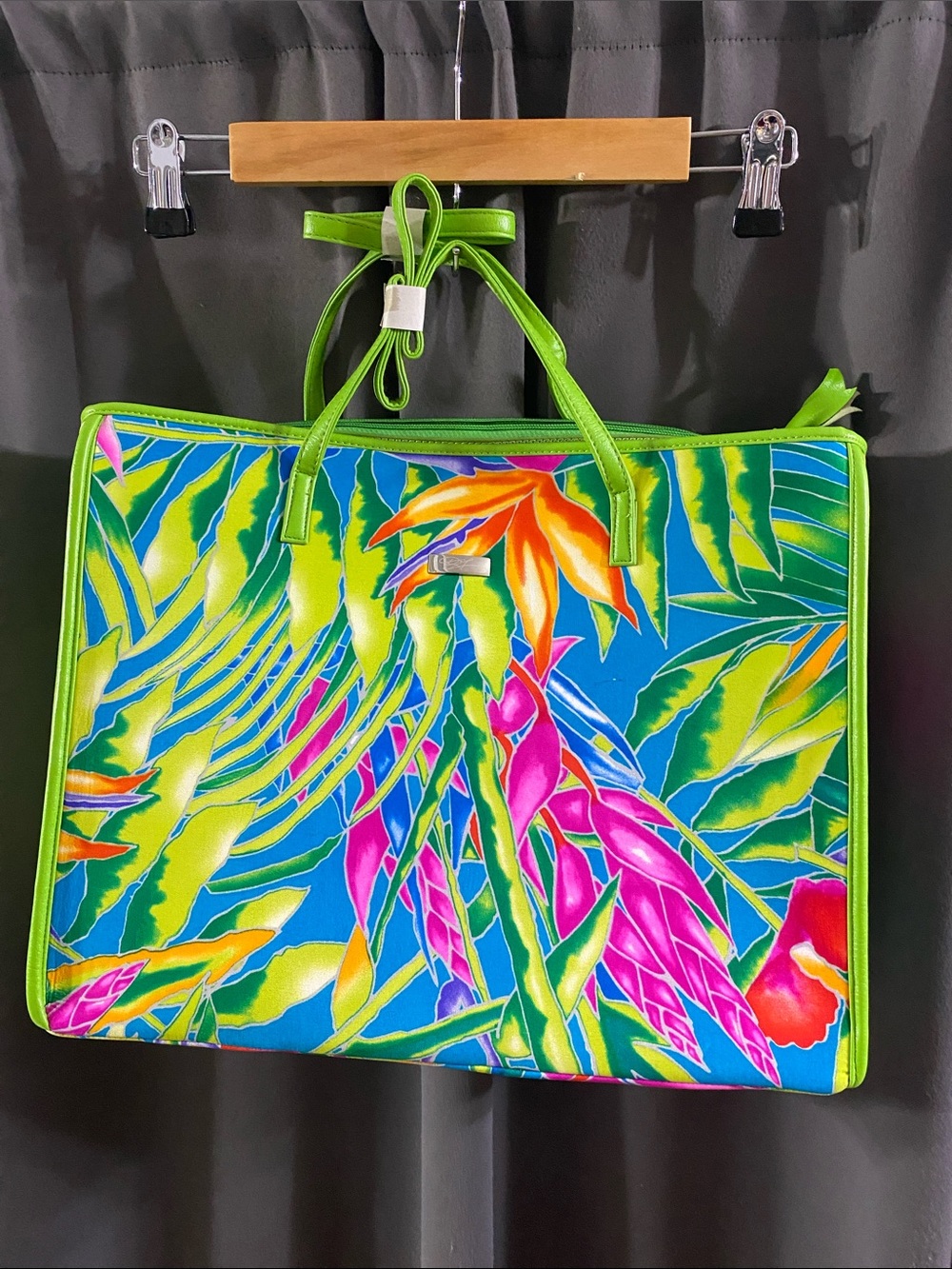 NWT DIANA GILMAN Vibrant Tropical Print Tote Bag in Lime Green Trim ZIP CLOSE